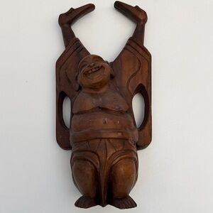 LAUGHING WOOD BUDDHA FIGURINE HANDS UP AIR SCULPTURE STATUE 12.75"H VINTAGE